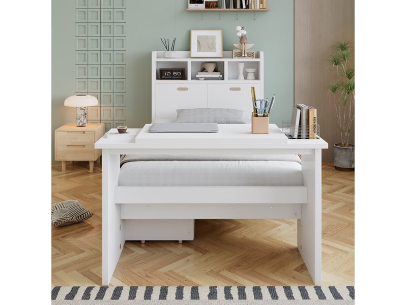  Lit simple enfant 90x200 cm – blanc – tiroir réversible et table pliante 12 positions – sans matelas  - Conforama B