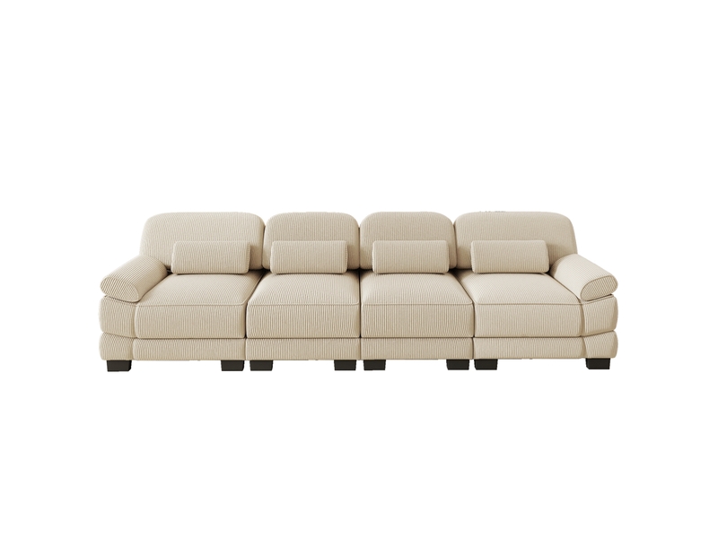 Canapé modulable 4 places 336x88,5x94 cm, grand format, coussins lombaires, connecteurs velours côtelé beige  - Conforama A