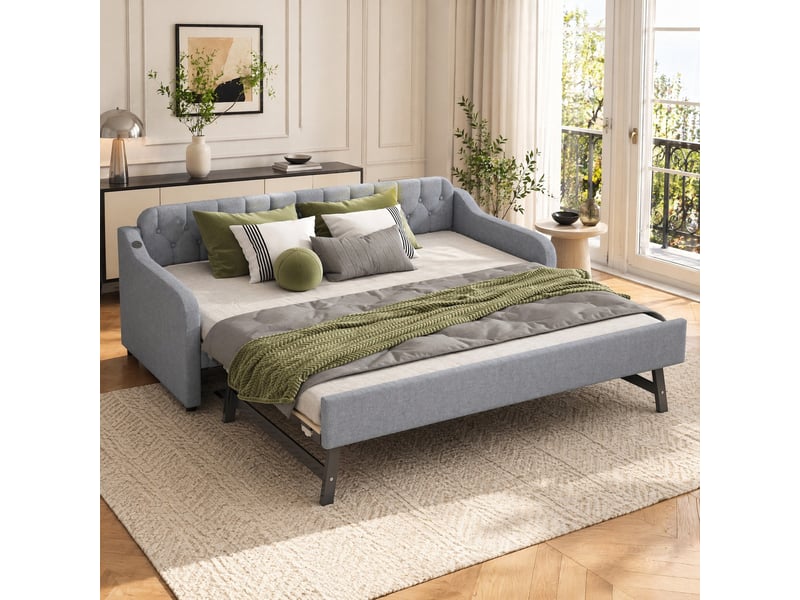  Lit gigogne 90x200 cm convertible en canapé avec port usb, revêtement en lin gris  - Conforama B