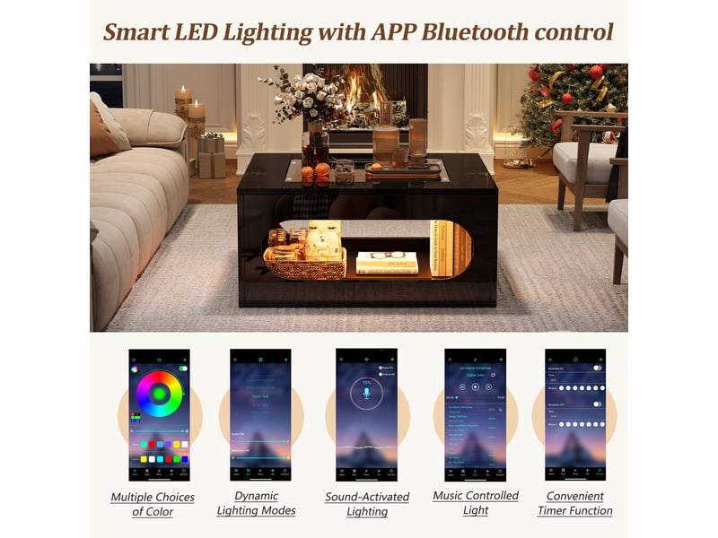  Table basse carrée 70x70x35 cm avec led, design évidé au milieu et plateau en verre, meuble de salon, mdf, noir  - Conforama R