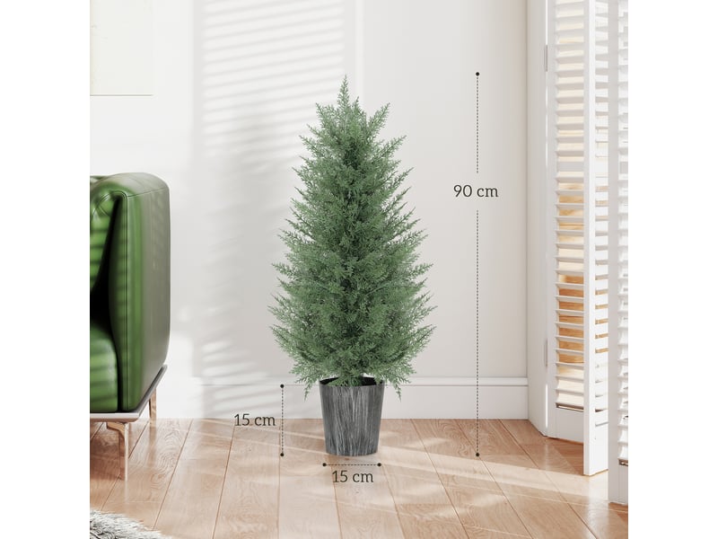  Lot de 2 grands cyprès artificiels, 90 cm, plantes artificielles en plastique dans des pots de 15 x 15 x 90 cm, verts  - Conforama E