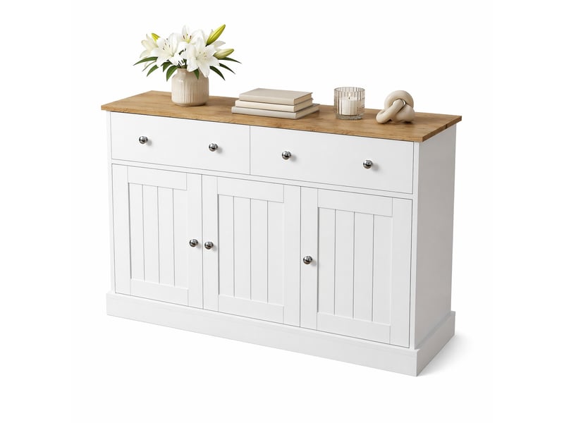 Buffet 120x36x80,5 cm blanc et couleur bois, 3 portes 2 tiroirs en panneau de particules pour rangement - Conforama A