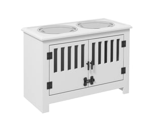 Station de repas surélevée blanche avec rangement verrouillable, 2 gamelles inox 2 l, idéale pour grands animaux