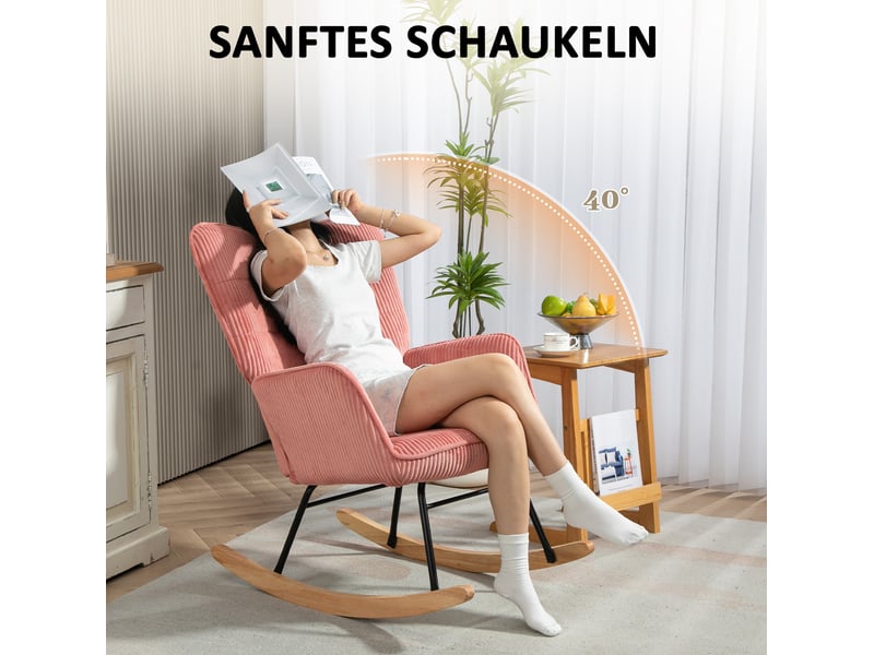  Fauteuil à bascule rembourré avec dossier haut incliné et accoudoirs en polyester rose, 71 × 98 × 101 cm  - Conforama E