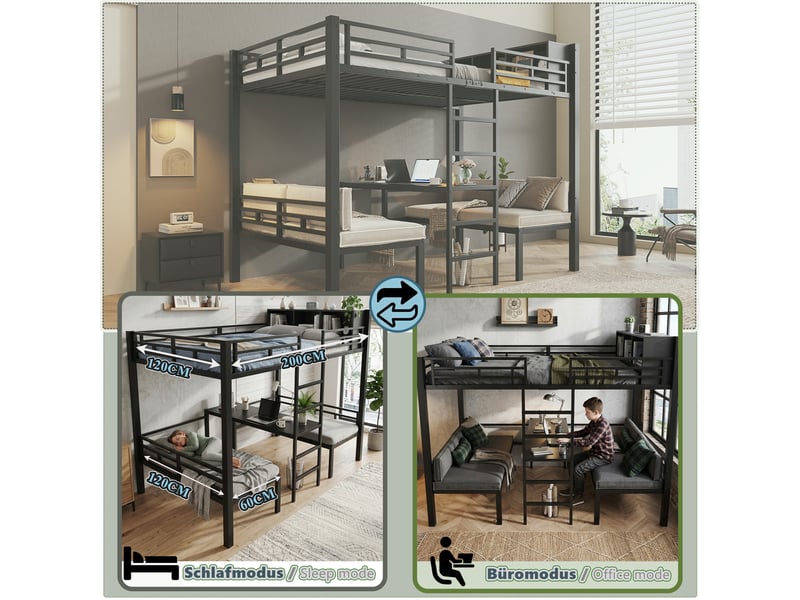  Lit mezzanine métal 120x200 cm avec canapé inférieur, 2 espaces de couchage 60x120 cm, étagère intégrée et échelle - noir  - Conforama D
