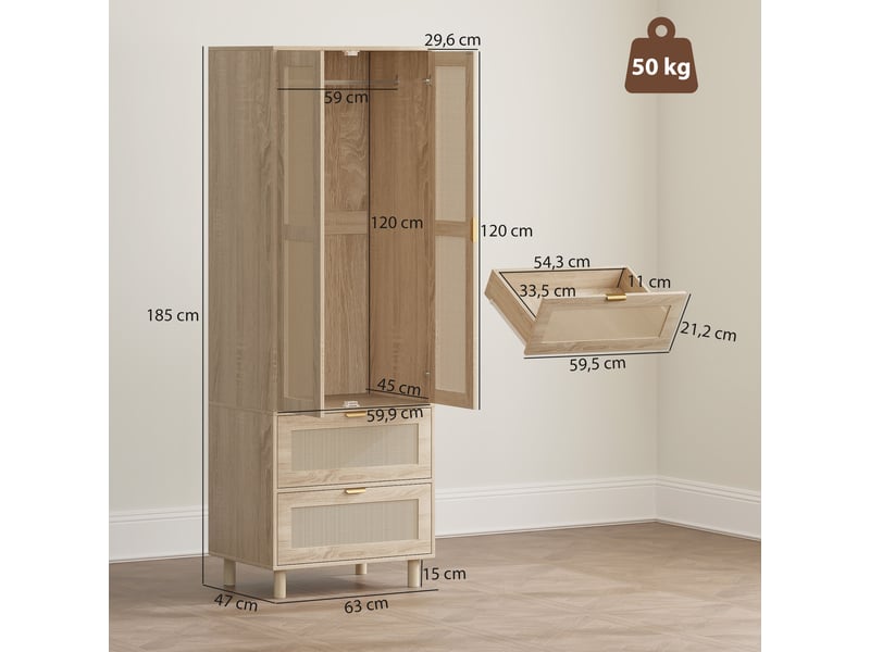 Armoire penderie 2 portes 2 tiroirs style bohème rotin  - Conforama C