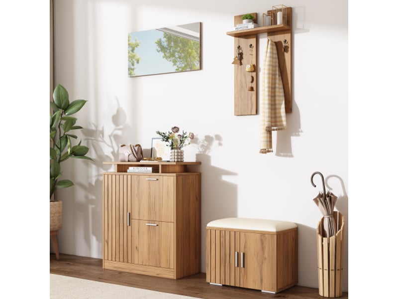  Lot de 4 meuble d'entrée, ensemble complet d'entrée avec banc à chaussures et armoire à chaussures, 1 miroir, 4 crochets, 5 porte  - Conforama D