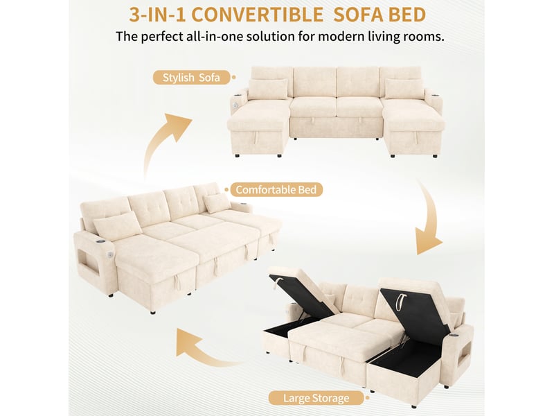  Canapé d'angle convertible 266x131x85 cm avec rangement, usb et led, beige  - Conforama E