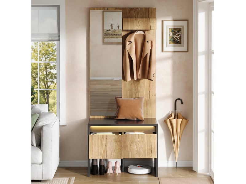  Meuble d'entrée avec miroir, porte-manteaux, banc à chaussures et 2 tiroirs en panneau de particules noir et naturel  - Conforama E