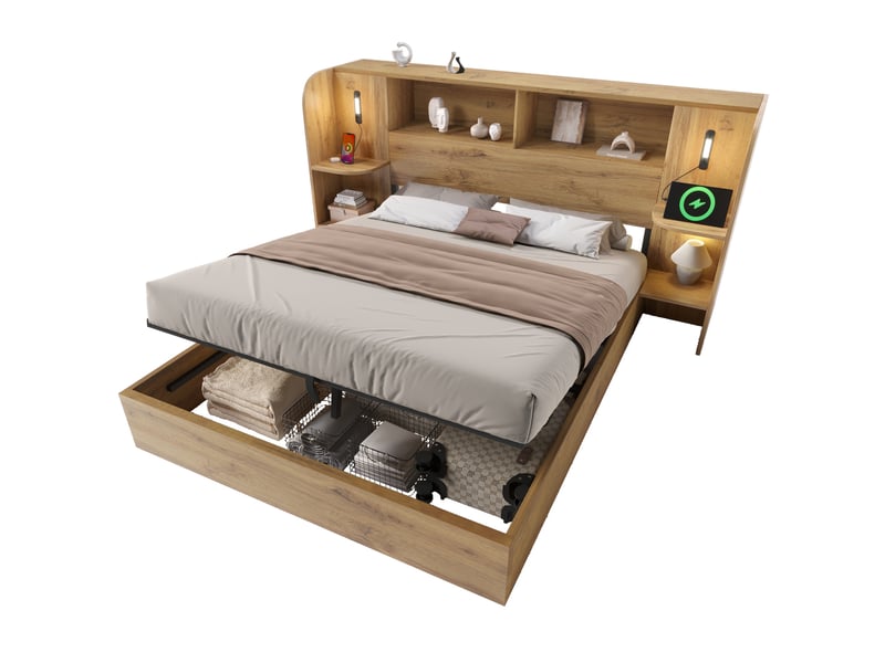  Lit coffre hydraulique 160x200 cm effet chêne avec tête de lit et étagères, lampes de lecture tactiles, usb type-c et sommier à lattes Morn Vibe - Conforama C