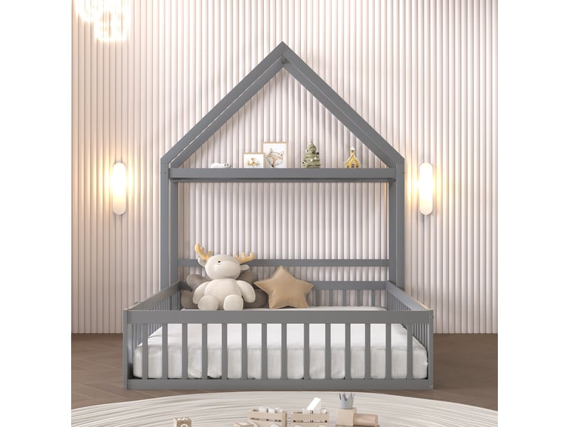  Lit double 140 x 200 cm avec barrières de sécurité et portes, cadre de lit enfant en bois massif, lit 2 personnes, gris  - Conforama E