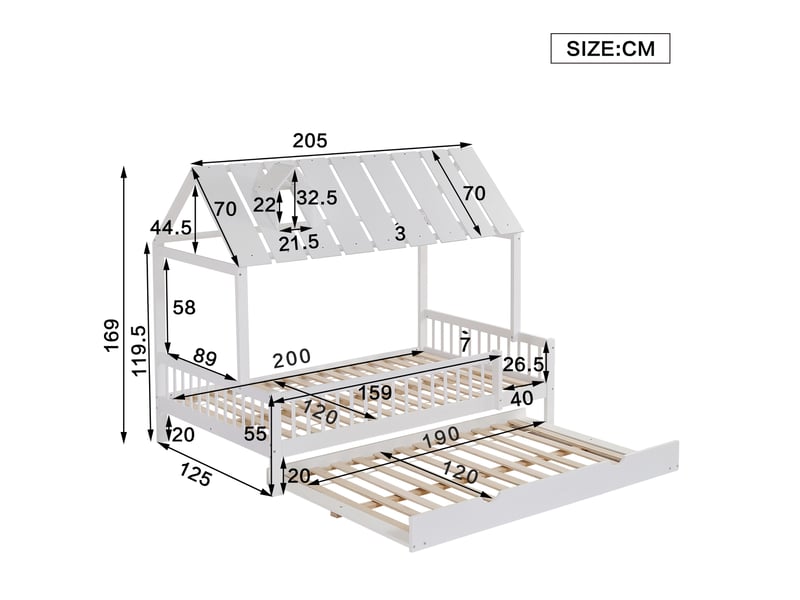  Lit cabane enfant 200×120 cm et 190×120 cm avec lit gigogne, barrières sur trois côtés, sans matelas, blanc  - Conforama D