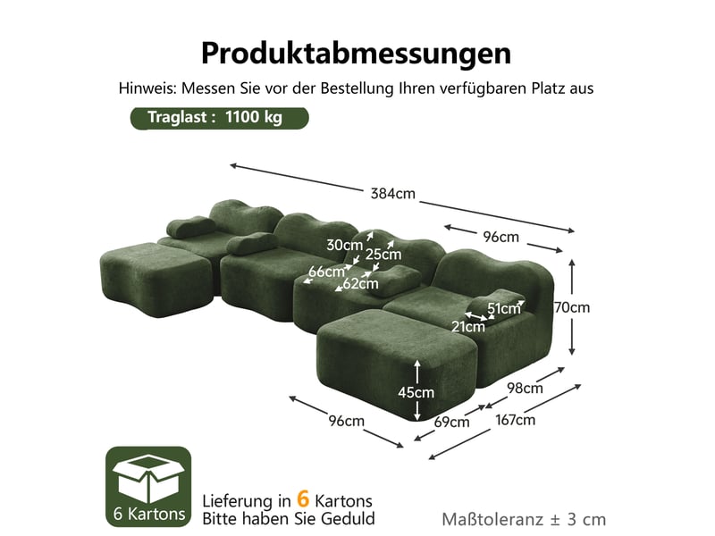  Canapé modulable ulevr 4 places en u avec 2 poufs, velours vert, mousse 32d, 384 x 167 x 70 cm  - Conforama C