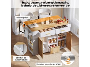 Îlot de cuisine mobile 120 x 4571 x 90 cm avec plateau rabattable, 3 tiroirs, étagères et roulettes, blanc et bois