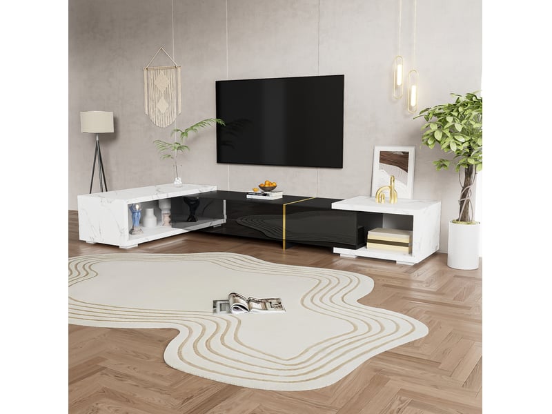  Meuble tv modenvie extensible pivotant 140 à 260 cm mdf noir effet marbre blanc  - Conforama D