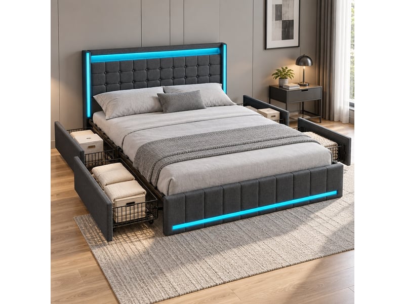 Lit adulte 2 places 180x200 cm, lit double avec rangement, led, port usb, 4 tiroirs, lin gris foncé - Conforama B