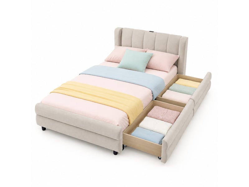  Lit simple 90x200 cm avec 2 tiroirs, ports usb et type c en chenille beige  - Conforama A