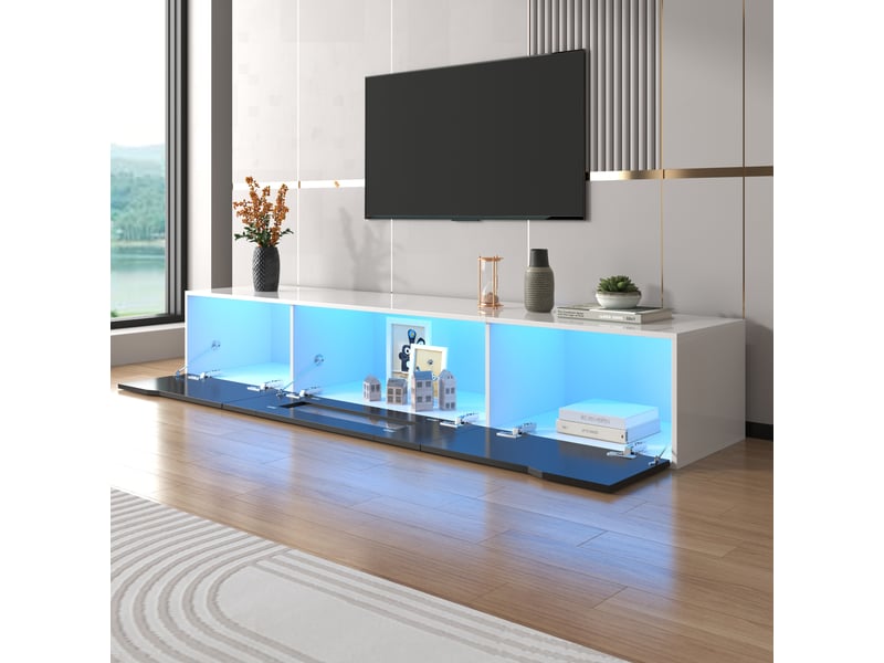  Meuble tv led - 3 compartiments - finition hautement brillante à l’avant - mdf - 180 x 30 x 35 cm - noir et blanc  - Conforama D