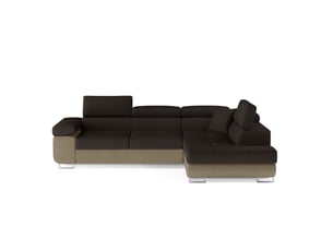 Canapé d'angle convertible menton marron chocolat et beige – angle droit avec coffre