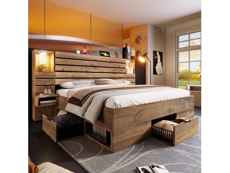 Lit double 180x200 cm avec éclairage led, usb-c, rangement et tables de chevet suspendues - Conforama B