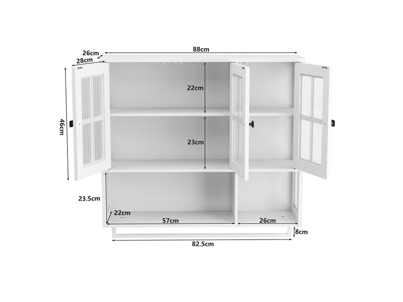  Armoire murale modèle bath 3 portes, blanc, bois, rangement ouvert caché, porte vitrée, barre serviette  - Conforama C