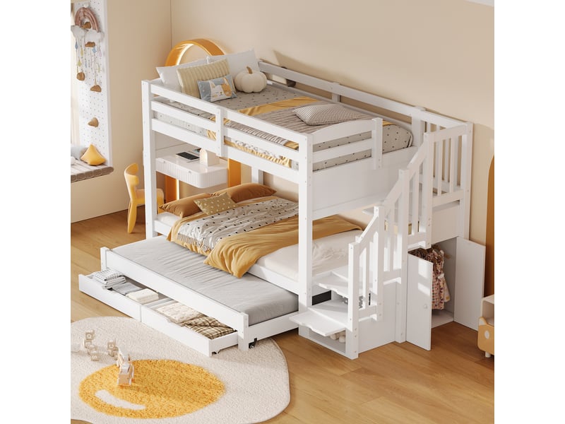  Lit superposé 90x200 cm avec lit rabattable, 2 tiroirs, escalier de rangement à plusieurs niveaux et armoire, blanc.  - Conforama B