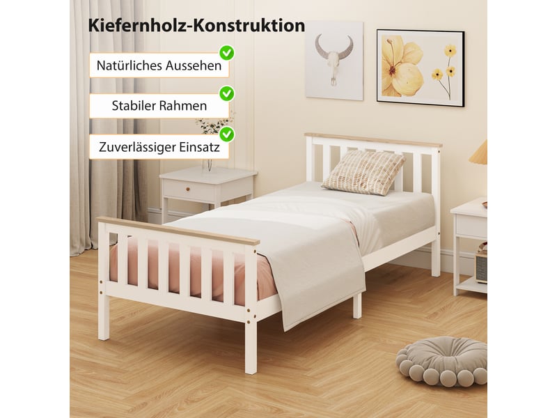  Cadre de lit simple en bois blanc et bois naturel, 90x200 cm, avec rangement sous le lit  - Conforama R
