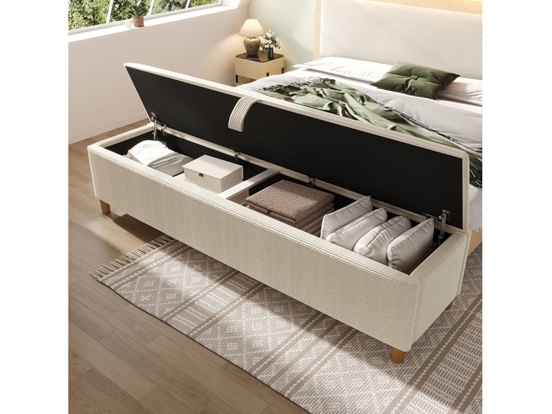  Banquette de lit modenvie avec rangement hydraulique 175 x 38 x 46 cm en velours côtelé beige  - Conforama D