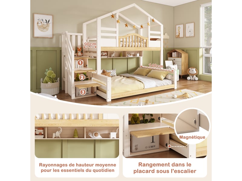 Lit superposé cabane 90x200 et 140x200 cm lit enfant familial avec escalier à rangements,étagères,pin massif et mdf,blanc et naturel - Conforama E
