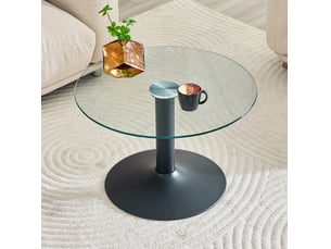 Table basse ronde avec plateau en verre trempé et piètement métal, style moderne, en verre et métal, noir, 70 × 45 cm
