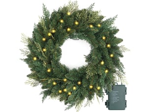 Couronne de noël pré-éclairée 40cm, branches de cyprès – led à pile avec minuterie, pour porte, fenêtre et mur