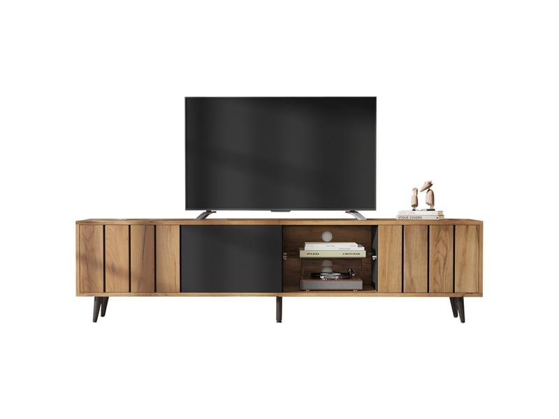  Meuble tv 175 x 31,5 x 45 cm – naturel et noir – 3 portes, rangement central en verre, pour tv jusqu’à 75 pouces  - Conforama A