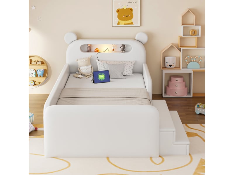 Lit enfant 90x200 cm blanc en cuir régénéré, tête de lit ours avec veilleuse usb et rangement, sans matelas - Conforama E