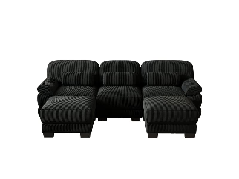  Canapé modulable u 3 places en velours côtelé noir avec 2 ottomans, assise profonde  - Conforama A
