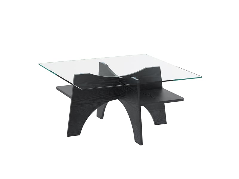 Table basse fixe avec plateau en verre et étagère de rangement pour salon 80×80×40 cm en mdf noir - Conforama A