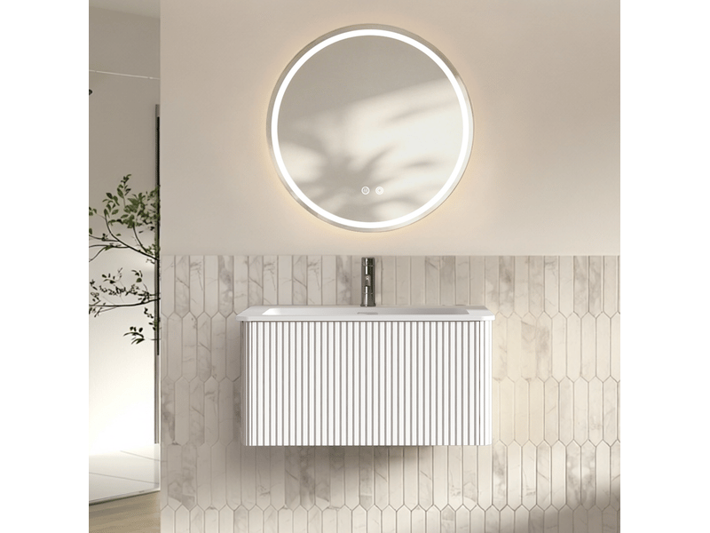 Meuble sous vasque suspendu avec 1 tiroir et miroir led antibuée, vasque intégrée blanche pour salle de bain 81 cm - Conforama B
