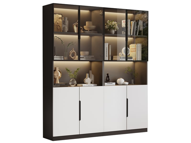  Vitrine blanche et noire avec portes en verre, led réglables et rangement – 160 x 30 x 200 cm  - Conforama A