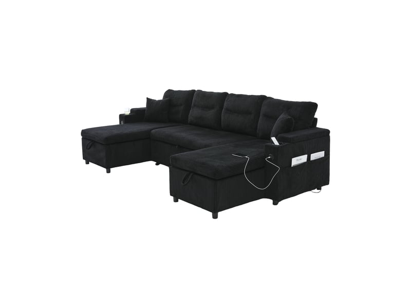 Canapé panoramique convertible en lit 272 cm, 4 places avec double méridienne, rangements, porte-gobelets, usbtype-c, velours côtelé, noir - Conforama A