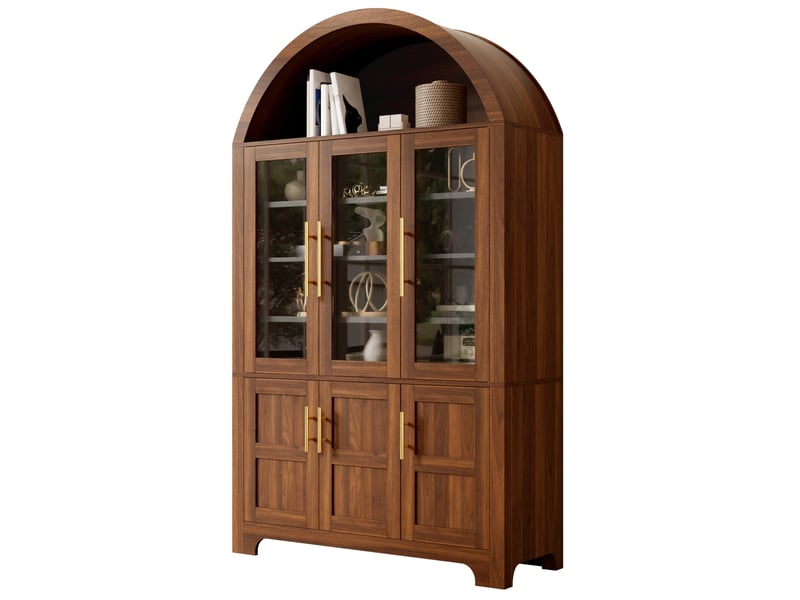  Buffet haut moderne 110x40x185 cm, niche ouverte en arche, 3 portes vitrées et 3 portes, mdf, couleur noyer  - Conforama A