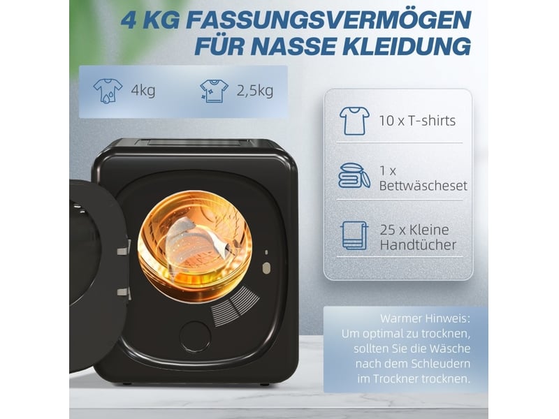  Mini sèche-linge 48 x 40 x 56 cm noir en acier inoxydable, 6 programmes, capacité 4 kg, pose libre ou murale  - Conforama E