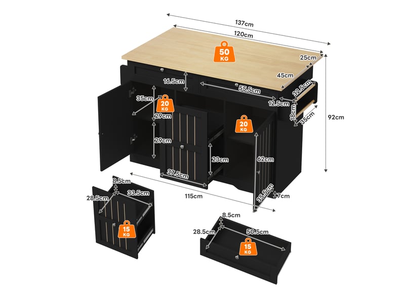  Îlot de cuisine mobile avec plan de travail extensible, chariot de service et armoire de rangement, tiroirs verticaux à deux niveaux, 2 grands tiroirs et roues à verrouillage, 120 × 45 (70) × 92 cm  - Conforama C