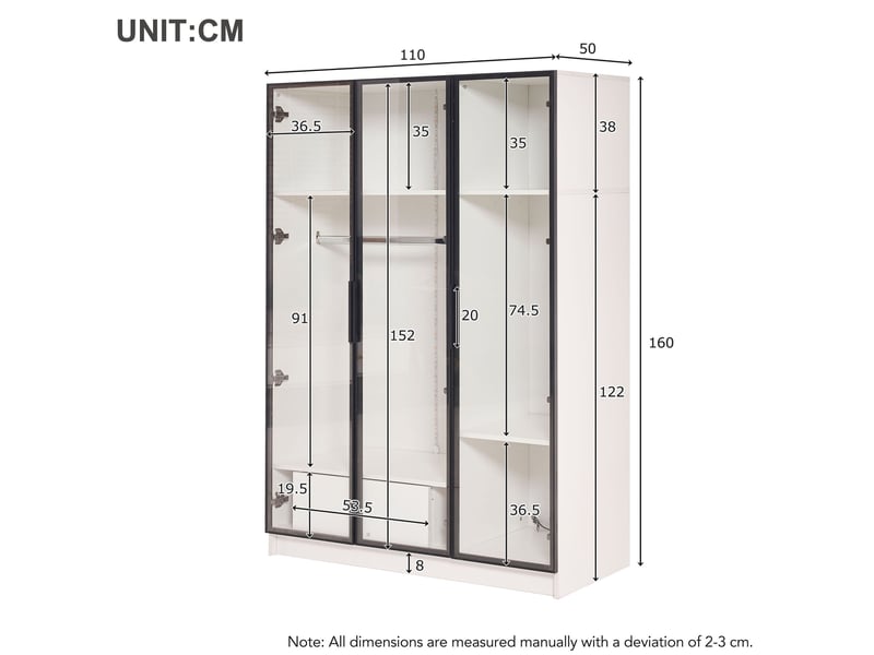  Armoire 110x50x160 cm, 3 portes en verre, meuble vitrine, 1 tiroir, led, armoire de salon et chambre, aggloméré blanc  - Conforama C