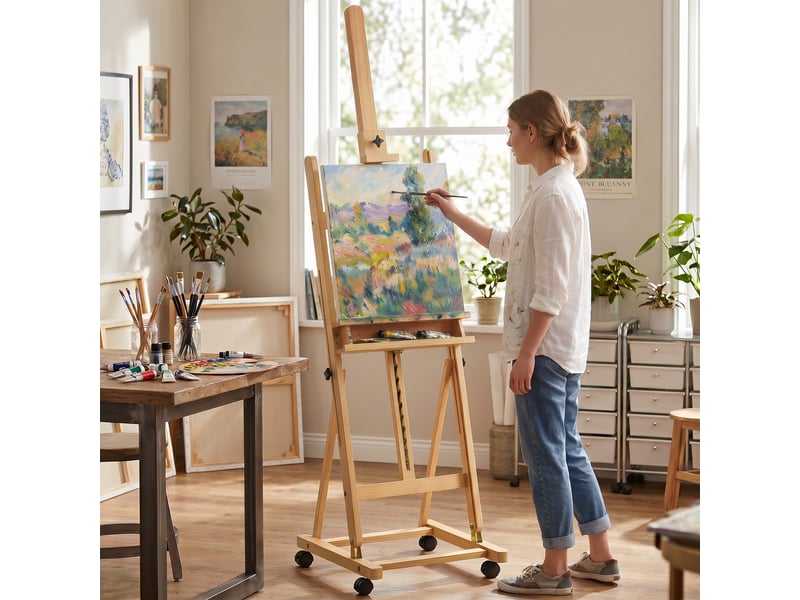  Chevalet d'artiste sur roulettes pliable en bois de hêtre pour toiles à jusqu'à peindre 118 cm bois naturel  - Conforama D