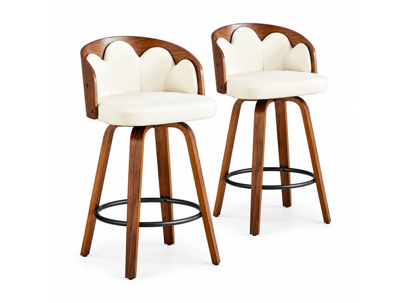  Lot de 2 tabourets de bar, tabouret de bar dossier fleur, bois courbé, assise pu, moderne, repose-pieds métal, blanc  - Conforama A
