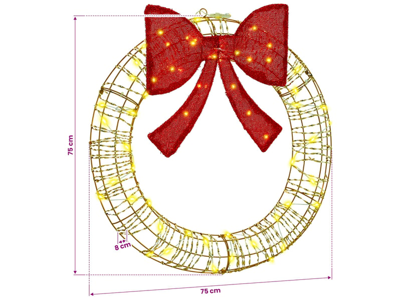  Couronne de noël, décoration de noël blanc chaud 75 x 75 x 8 cm pet 60 led cf61767  - Conforama E