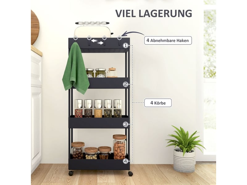  Desserte de cuisine 40 x 19 x 90 cm chariot de cuisine à 4 niveaux sur roulettes freins de blocage structure en plastique noire fonction de service  - Conforama E