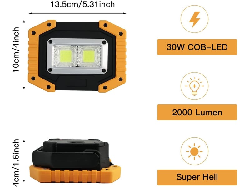  Lot de 2 projecteurs de chantier led 30 w rechargeables 3 modes d'éclairage lampe de travail étanche cob  - Conforama B
