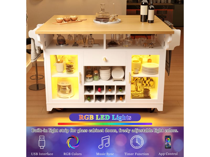  Desserte de cuisine à plateaux rabattables et éclairage rgb - lpospi - rangement, roulettes, mdf blanc 120 × 80 × 95 cm  - Conforama E