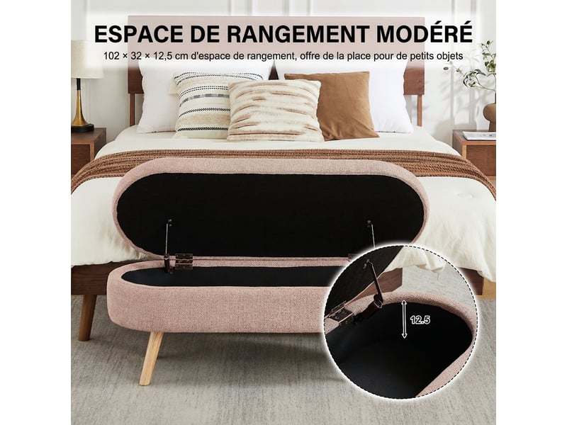  Banc coffre de rangement 110 cm en tissu chenille, forme ovale, pour chambre et entrée  - Conforama E