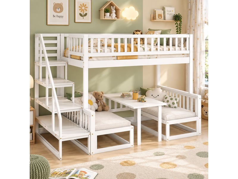  Lit superposé 90x200 et 120x200 cm avec escalier, table convertible, banquette bois et cadre pin, blanc  - Conforama B